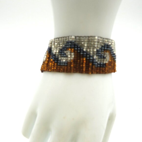 Handmade Beaded Cuff Bracelet Seed Bead Wave Pattern Amber Silver Black Boho - Picture 9 of 10